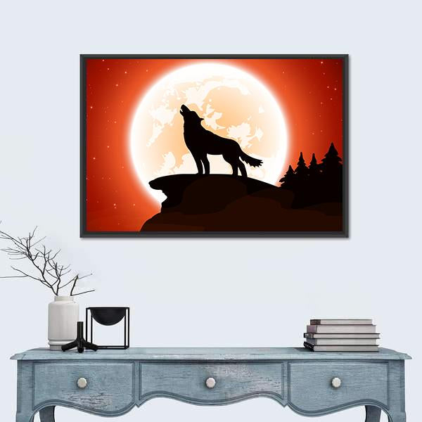 Wolf &amp; Moon Canvas Wall Art-1 Piece-Floating Frame-24" x 16"-Tiaracle
