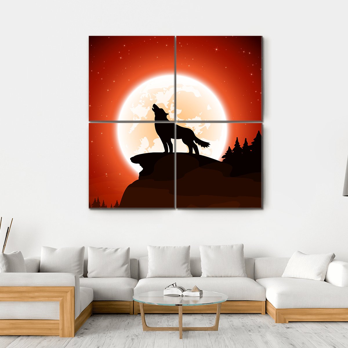 Wolf &amp; Moon Canvas Wall Art-4 Square-Gallery Wrap-17" x 17"-Tiaracle