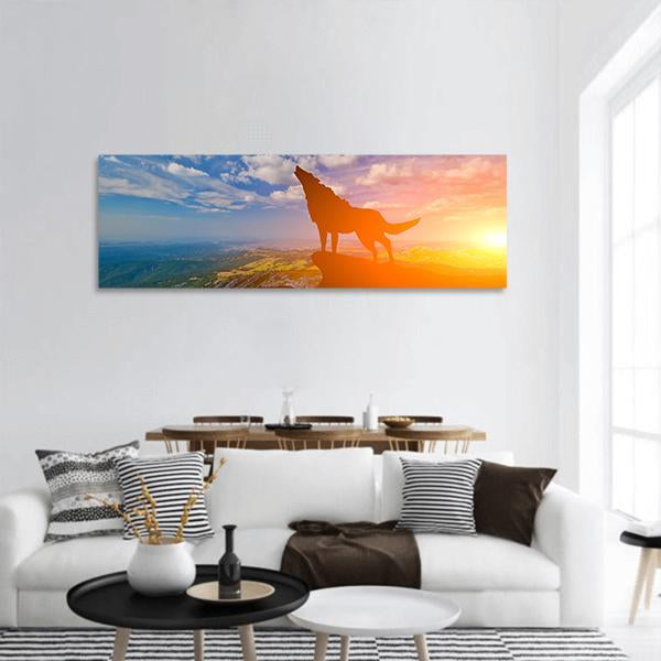 Wolf On A Mountain Top Panoramic Canvas Wall Art-3 Piece-25" x 08"-Tiaracle