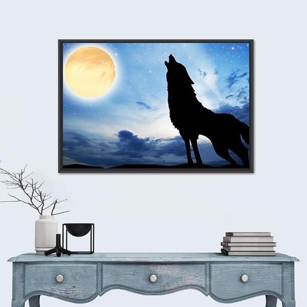 Wolf Silhouette Infront Of Moon Canvas Wall Art-1 Piece-Floating Frame-24" x 16"-Tiaracle