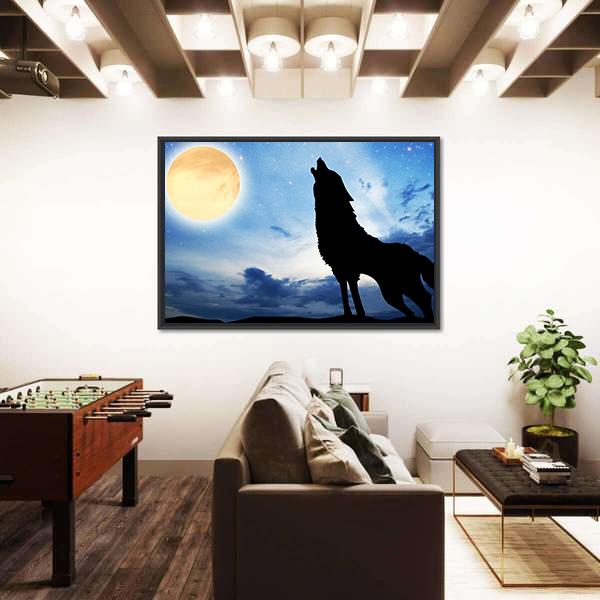 Wolf Silhouette Infront Of Moon Canvas Wall Art-5 Horizontal-Gallery Wrap-22" x 12"-Tiaracle