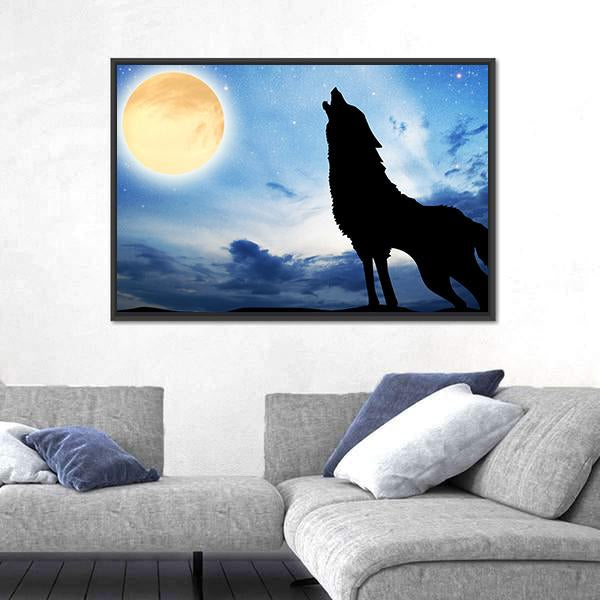 Wolf Silhouette Infront Of Moon Canvas Wall Art-5 Horizontal-Gallery Wrap-22" x 12"-Tiaracle
