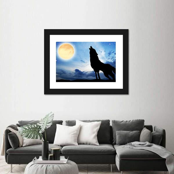Wolf Silhouette Infront Of Moon Canvas Wall Art-5 Horizontal-Gallery Wrap-22" x 12"-Tiaracle