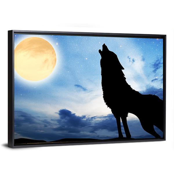 Wolf Silhouette Infront Of Moon Canvas Wall Art-5 Horizontal-Gallery Wrap-22" x 12"-Tiaracle