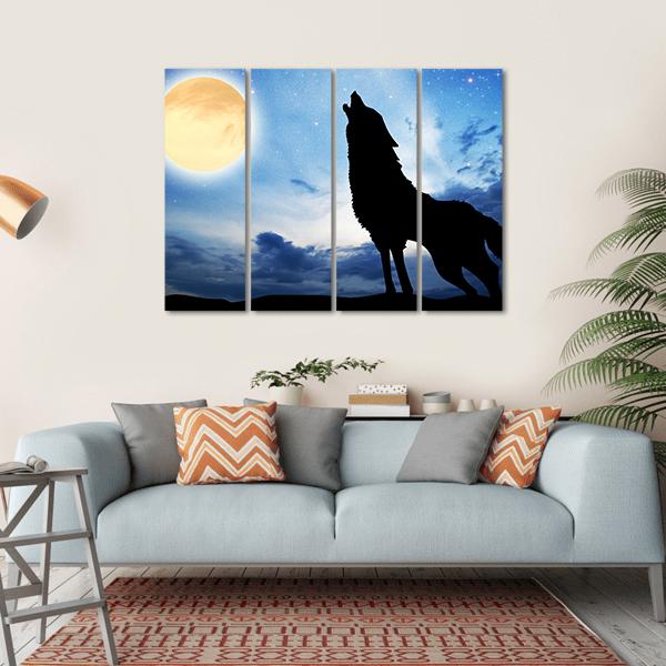 Wolf Silhouette Infront Of Moon Canvas Wall Art-4 Horizontal-Gallery Wrap-34" x 24"-Tiaracle