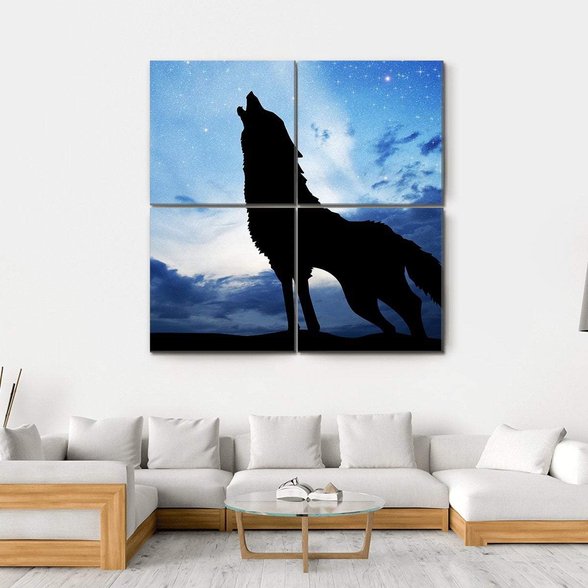 Wolf Silhouette Infront Of Moon Canvas Wall Art-4 Square-Gallery Wrap-17" x 17"-Tiaracle
