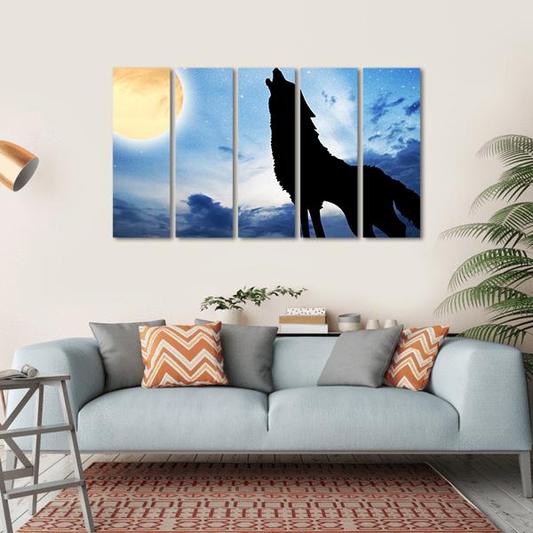 Wolf Silhouette Infront Of Moon Canvas Wall Art-5 Horizontal-Gallery Wrap-22" x 12"-Tiaracle