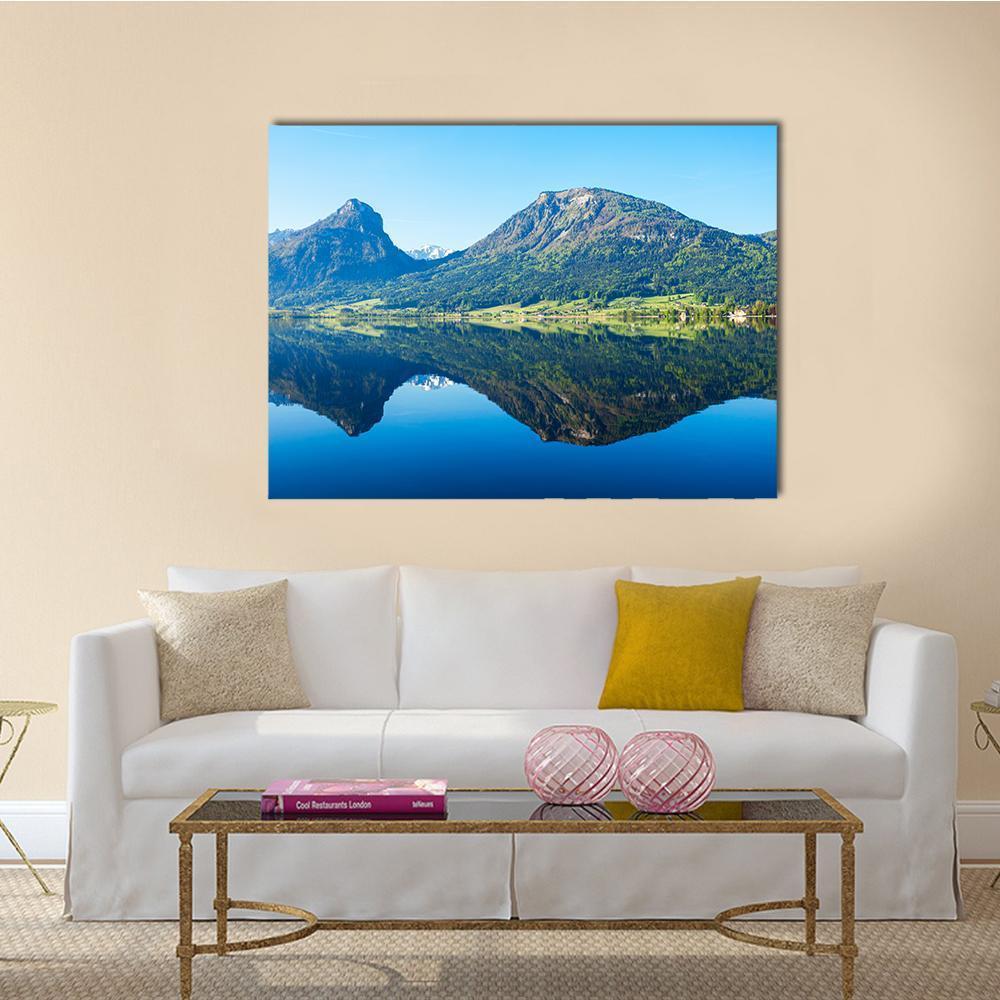 Wolfgangsee Lake in Austria Canvas Wall Art in green and blue, single panel hung on a wall
