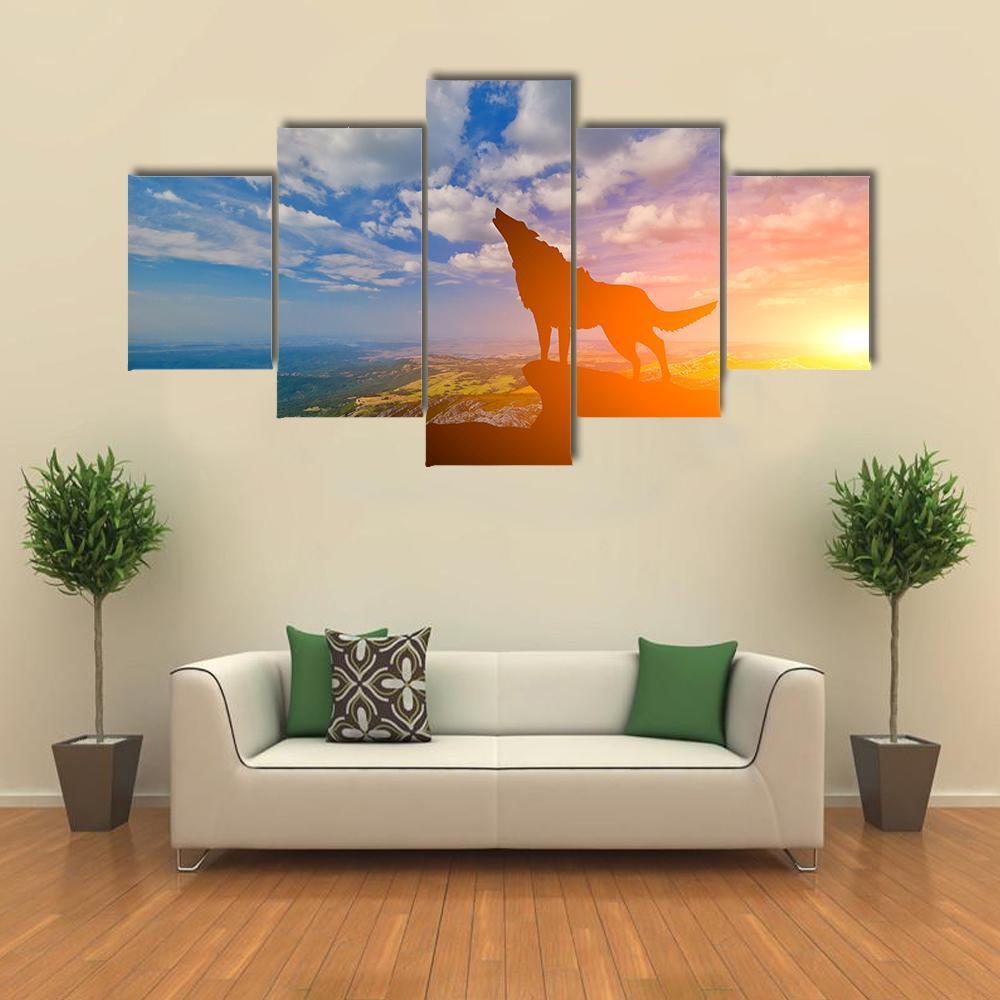 Wolve On A Mountain Top Canvas Wall Art-5 Star-Gallery Wrap-62" x 32"-Tiaracle