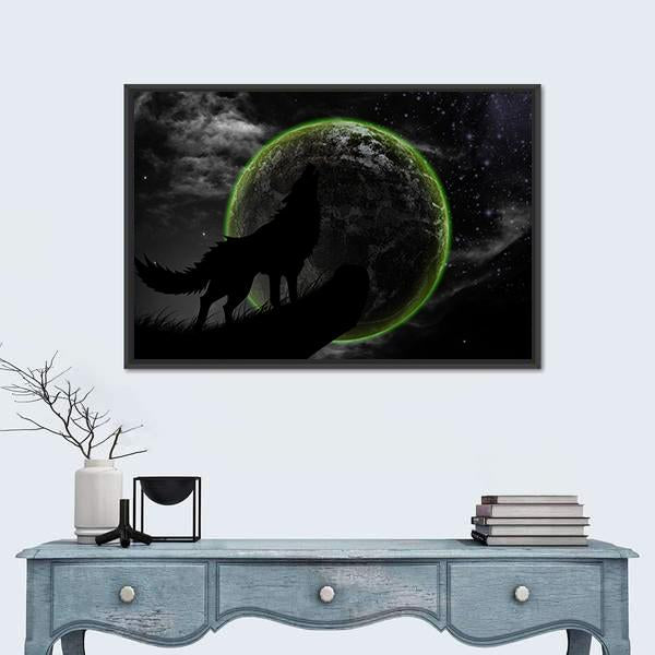 Wolves Howl Full Moon Top Canvas Wall Art-1 Piece-Floating Frame-24" x 16"-Tiaracle