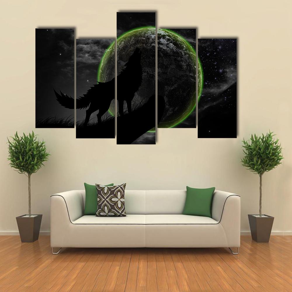 Wolves Howl Full Moon Top Canvas Wall Art-5 Pop-Gallery Wrap-47" x 32"-Tiaracle