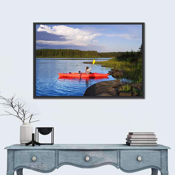 Woman Canoeing In A Beautiful Lake At Sunset Canvas Wall Art-1 Piece-Floating Frame-24&quot; x 16&quot;-Tiaracle