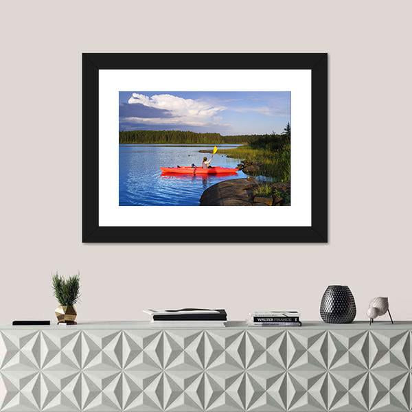 Woman Canoeing In A Beautiful Lake At Sunset Canvas Wall Art-1 Piece-Framed Print-20&quot; x 16&quot;-Tiaracle