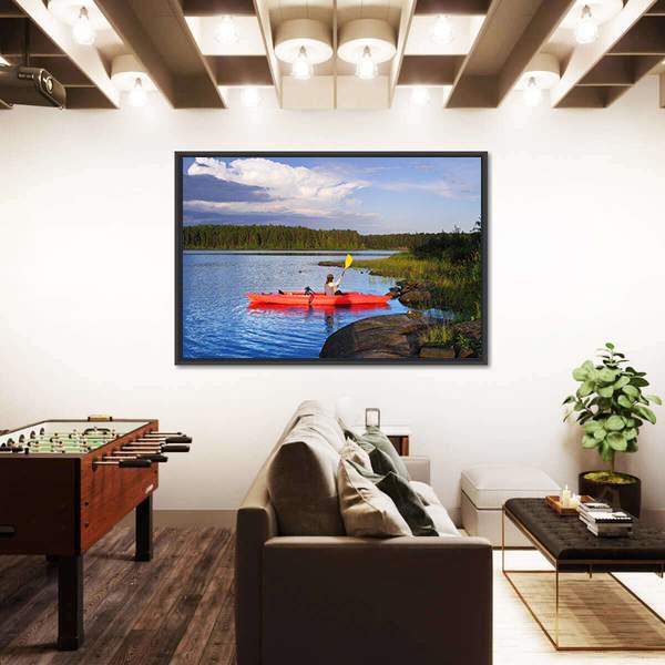 Woman Canoeing In A Beautiful Lake At Sunset Canvas Wall Art-5 Horizontal-Gallery Wrap-22" x 12"-Tiaracle