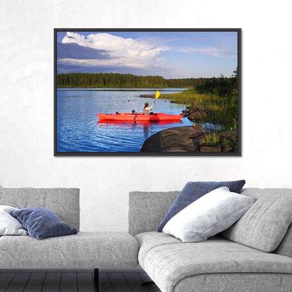 Woman Canoeing In A Beautiful Lake At Sunset Canvas Wall Art-5 Horizontal-Gallery Wrap-22" x 12"-Tiaracle