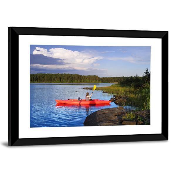 Woman Canoeing In A Beautiful Lake At Sunset Canvas Wall Art-5 Horizontal-Gallery Wrap-22&quot; x 12&quot;-Tiaracle