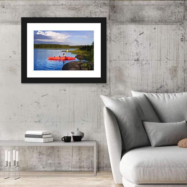 Woman Canoeing In A Beautiful Lake At Sunset Canvas Wall Art-5 Horizontal-Gallery Wrap-22&quot; x 12&quot;-Tiaracle