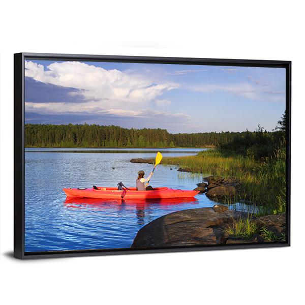 Woman Canoeing In A Beautiful Lake At Sunset Canvas Wall Art-5 Horizontal-Gallery Wrap-22&quot; x 12&quot;-Tiaracle