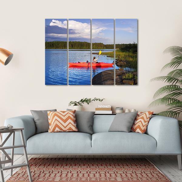 Woman Canoeing In A Beautiful Lake At Sunset Canvas Wall Art-4 Horizontal-Gallery Wrap-34&quot; x 24&quot;-Tiaracle