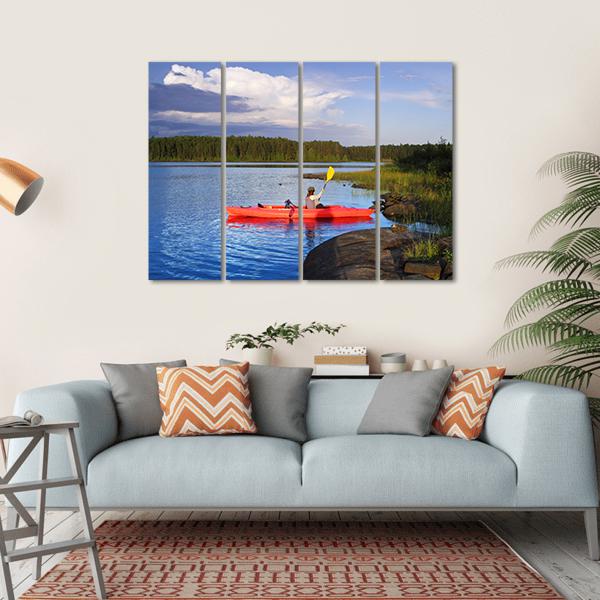 Woman Canoeing In A Beautiful Lake At Sunset Canvas Wall Art-4 Horizontal-Gallery Wrap-34" x 24"-Tiaracle