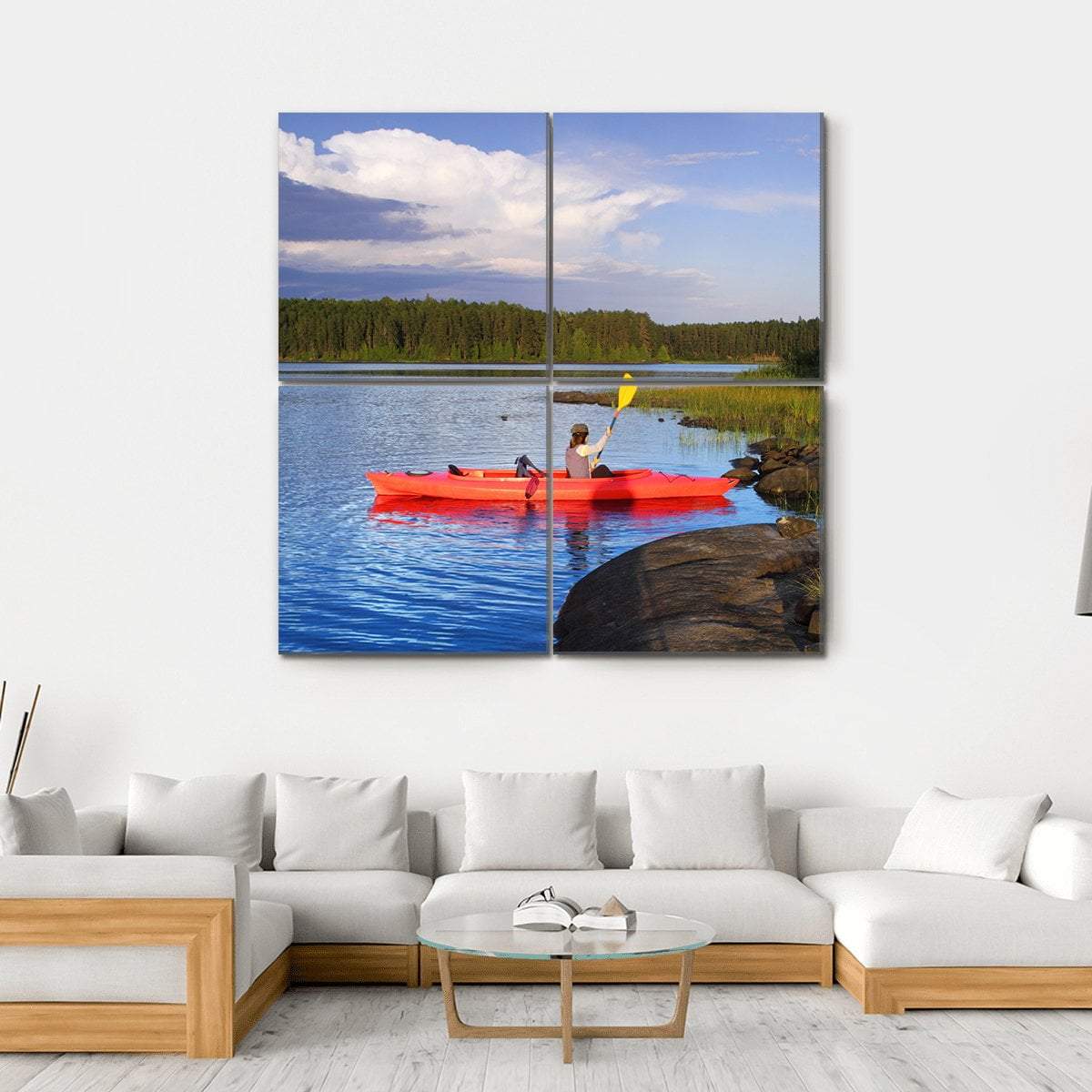 Woman Canoeing In A Beautiful Lake At Sunset Canvas Wall Art-4 Square-Gallery Wrap-17&quot; x 17&quot;-Tiaracle