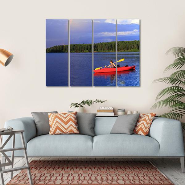 Woman Canoeing In A Beautiful Lake Canvas Wall Art-4 Horizontal-Gallery Wrap-34" x 24"-Tiaracle