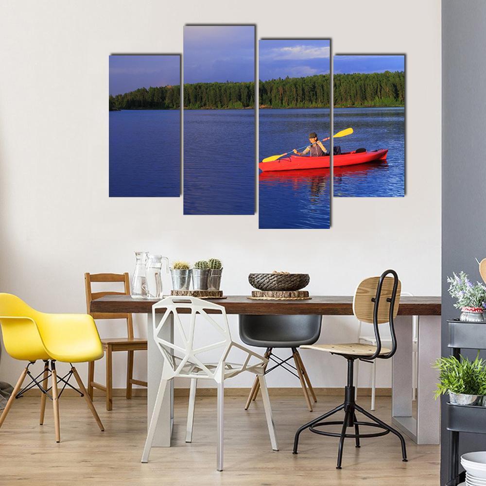 Woman Canoeing In A Beautiful Lake Canvas Wall Art-1 Piece-Gallery Wrap-48" x 32"-Tiaracle