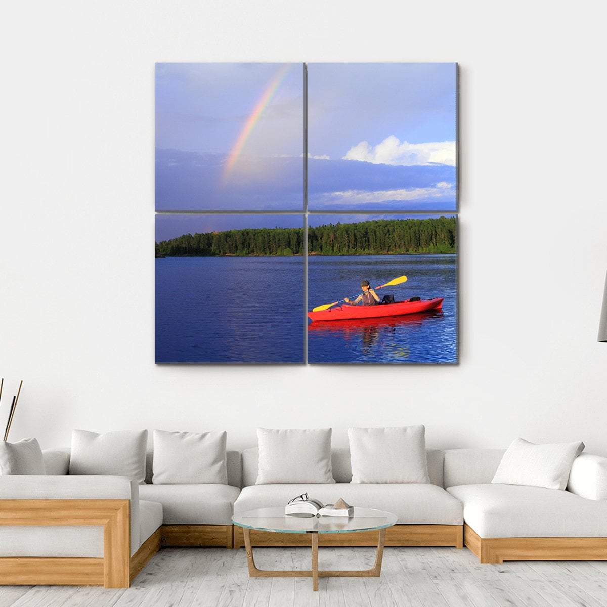 Woman Canoeing In A Beautiful Lake Canvas Wall Art-4 Square-Gallery Wrap-17" x 17"-Tiaracle
