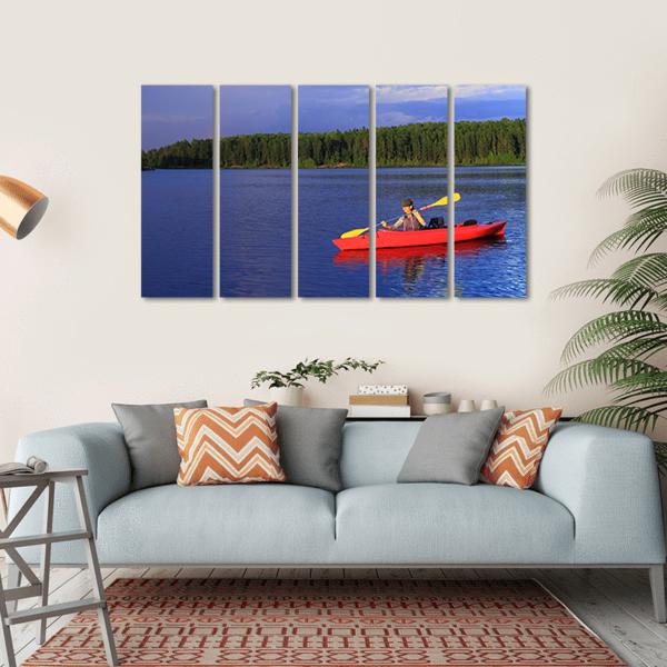 Woman Canoeing In A Beautiful Lake Canvas Wall Art-5 Horizontal-Gallery Wrap-22" x 12"-Tiaracle