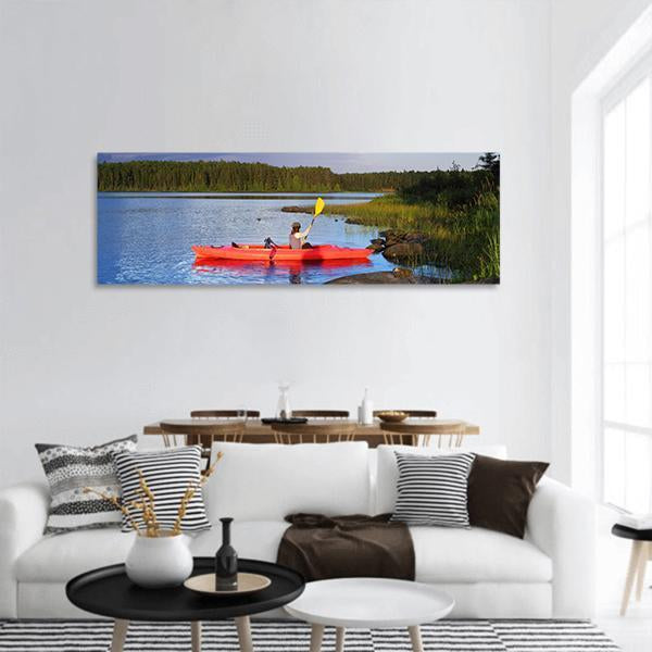 Woman Canoeing In A Lake Panoramic Canvas Wall Art-3 Piece-25" x 08"-Tiaracle