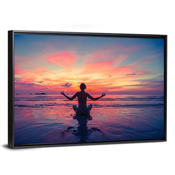 Woman Doing Meditation Near The Ocean Beach Yoga Silhouette Canvas Wall Art-3 Horizontal-Gallery Wrap-25&quot; x 16&quot;-Tiaracle