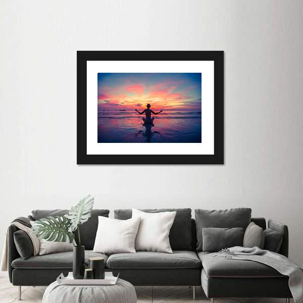 Woman Doing Meditation Near The Ocean Beach Yoga Silhouette Canvas Wall Art-5 Horizontal-Gallery Wrap-22" x 12"-Tiaracle