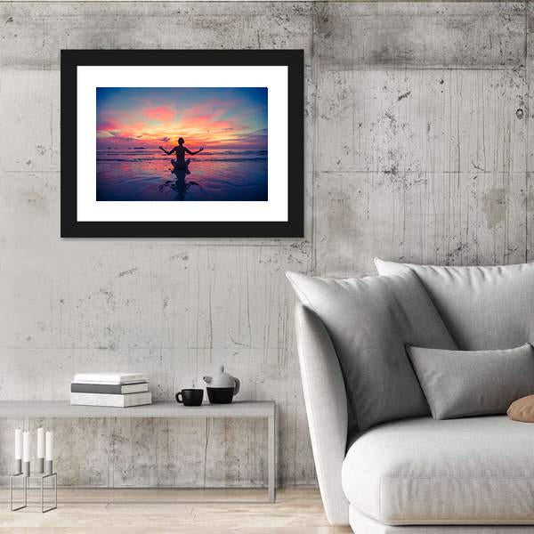 Woman Doing Meditation Near The Ocean Beach Yoga Silhouette Canvas Wall Art-5 Horizontal-Gallery Wrap-22" x 12"-Tiaracle
