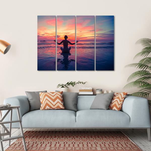 Woman Doing Meditation Near The Ocean Beach Yoga Silhouette Canvas Wall Art-4 Horizontal-Gallery Wrap-34" x 24"-Tiaracle