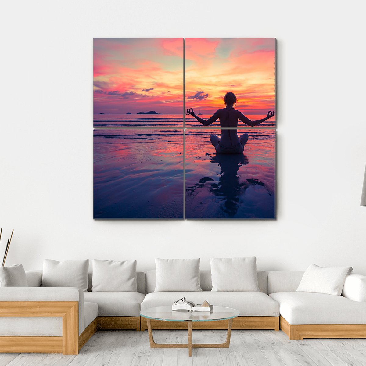 Woman Doing Meditation Near The Ocean Beach Yoga Silhouette Canvas Wall Art-4 Square-Gallery Wrap-17" x 17"-Tiaracle