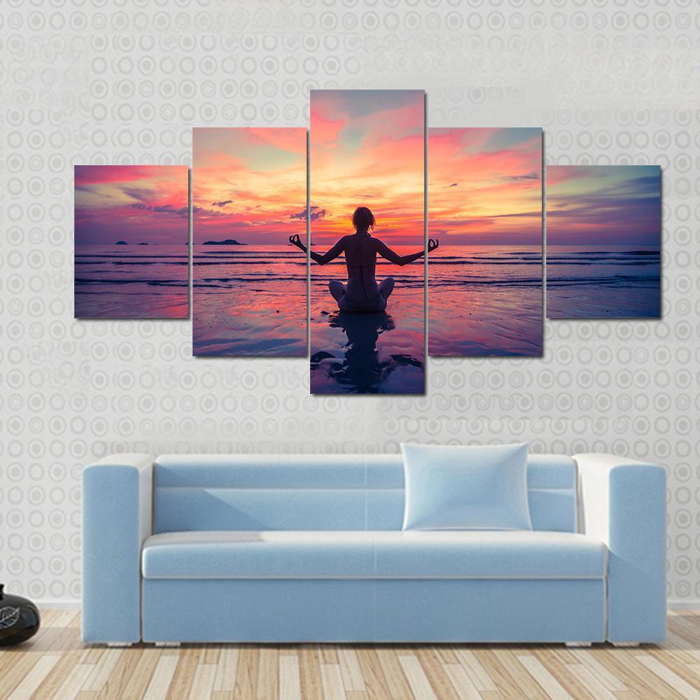 Woman Doing Meditation Near The Ocean Beach Yoga Silhouette Canvas Wall Art-3 Horizontal-Gallery Wrap-25" x 16"-Tiaracle