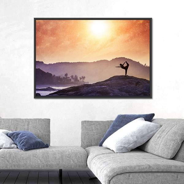 Woman Doing Yoga Natarajasana Dancer Pose On The Rocks At Sunset Canvas Wall Art-5 Horizontal-Gallery Wrap-22" x 12"-Tiaracle