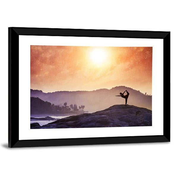 Woman Doing Yoga Natarajasana Dancer Pose On The Rocks At Sunset Canvas Wall Art-3 Horizontal-Gallery Wrap-25&quot; x 16&quot;-Tiaracle