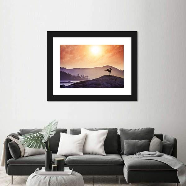 Woman Doing Yoga Natarajasana Dancer Pose On The Rocks At Sunset Canvas Wall Art-3 Horizontal-Gallery Wrap-25&quot; x 16&quot;-Tiaracle