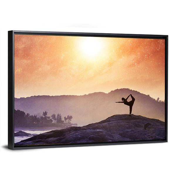 Woman Doing Yoga Natarajasana Dancer Pose On The Rocks At Sunset Canvas Wall Art-5 Horizontal-Gallery Wrap-22" x 12"-Tiaracle