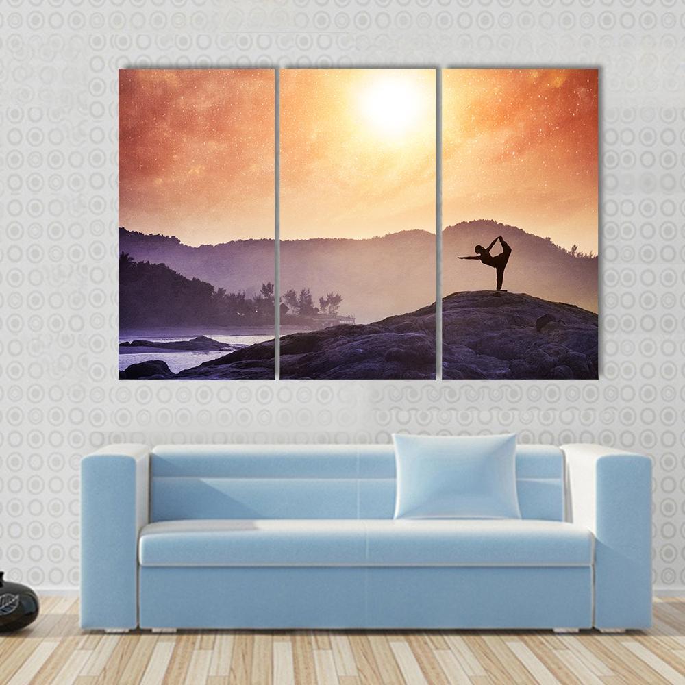 Woman Doing Yoga Natarajasana Dancer Pose On The Rocks At Sunset Canvas Wall Art-3 Horizontal-Gallery Wrap-37&quot; x 24&quot;-Tiaracle