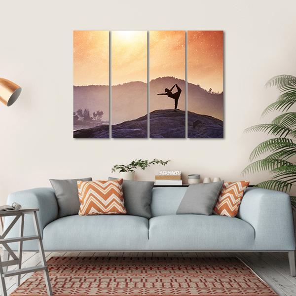 Woman Doing Yoga Natarajasana Dancer Pose On The Rocks At Sunset Canvas Wall Art-4 Horizontal-Gallery Wrap-34" x 24"-Tiaracle