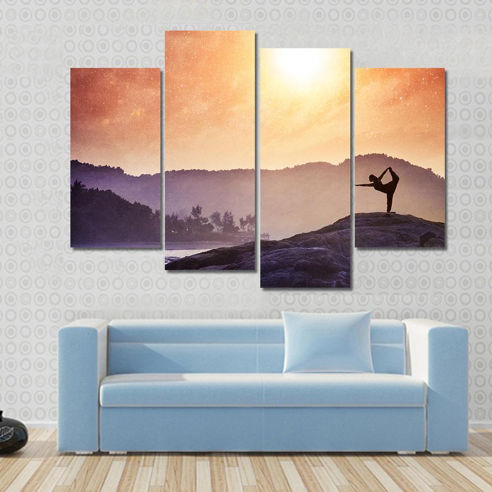 Woman Doing Yoga Natarajasana Dancer Pose On The Rocks At Sunset Canvas Wall Art-4 Pop-Gallery Wrap-50&quot; x 32&quot;-Tiaracle