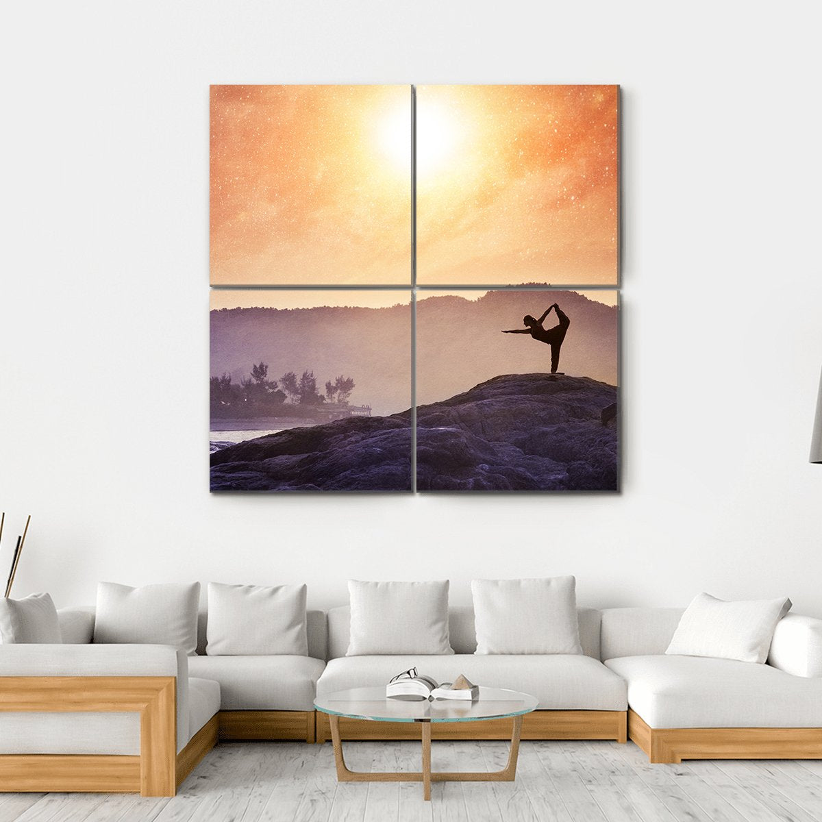 Woman Doing Yoga Natarajasana Dancer Pose On The Rocks At Sunset Canvas Wall Art-4 Square-Gallery Wrap-17" x 17"-Tiaracle