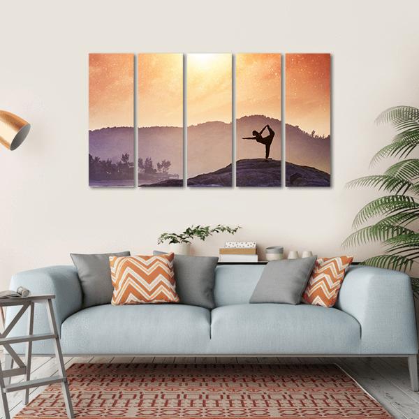 Woman Doing Yoga Natarajasana Dancer Pose On The Rocks At Sunset Canvas Wall Art-5 Horizontal-Gallery Wrap-22" x 12"-Tiaracle