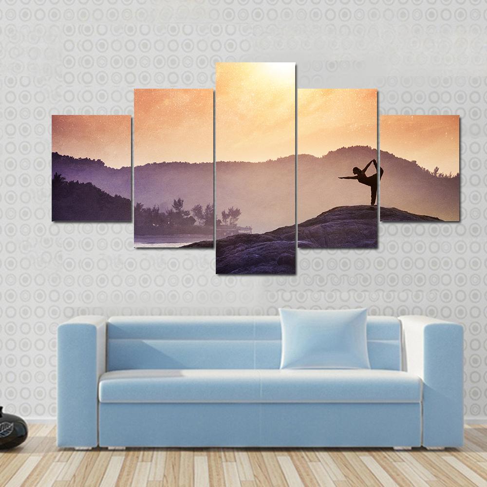 Woman Doing Yoga Natarajasana Dancer Pose On The Rocks At Sunset Canvas Wall Art-5 Star-Gallery Wrap-62&quot; x 32&quot;-Tiaracle