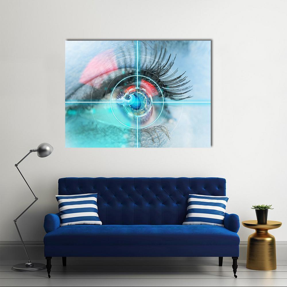 Woman's Eye Scan Interface Canvas Wall Art in white, gray and blue, single panel hung on a wall