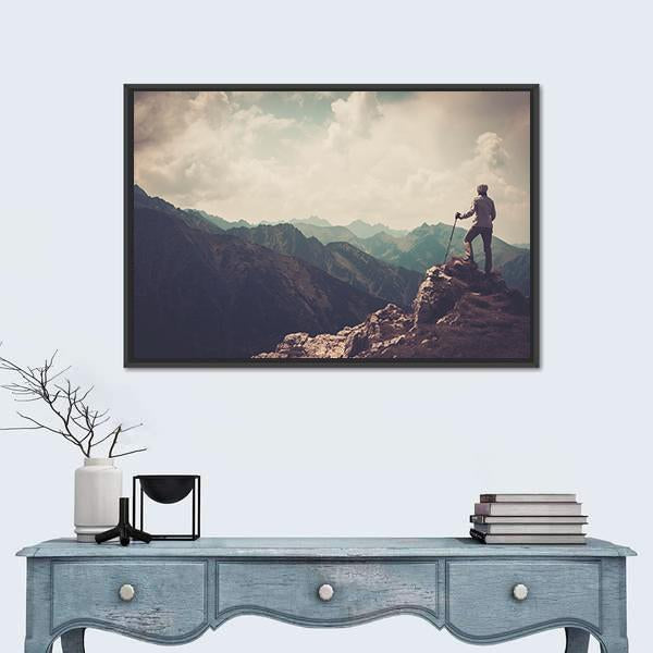 Woman Hiker On A Top Of Mountain Canvas Wall Art-1 Piece-Floating Frame-24" x 16"-Tiaracle