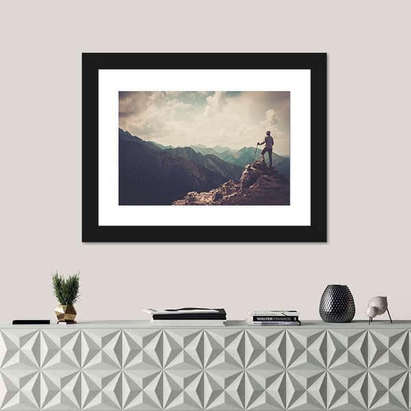 Woman Hiker On A Top Of Mountain Canvas Wall Art-1 Piece-Framed Print-20" x 16"-Tiaracle