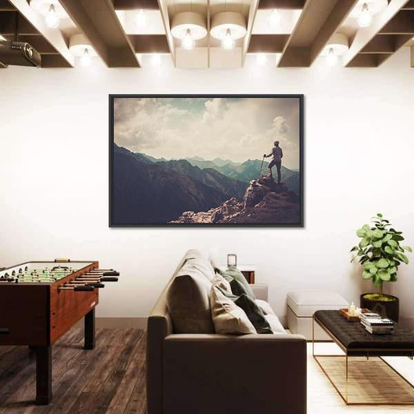 Woman Hiker On A Top Of Mountain Canvas Wall Art-3 Horizontal-Gallery Wrap-25" x 16"-Tiaracle